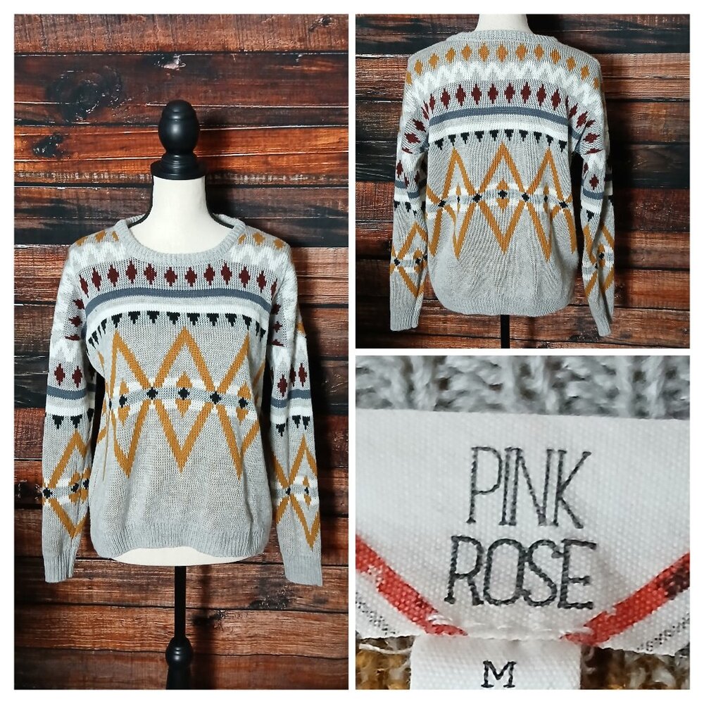 Pink Rose Sweater Size M Crew Neck Geometric Argyle Rib Knit Cuffs